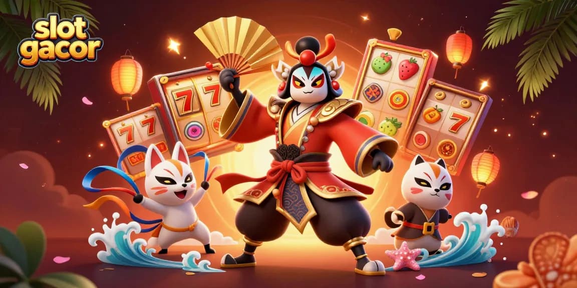 Play slot gacor and win big with stunning visuals of a kabuki warrior and slot elements.