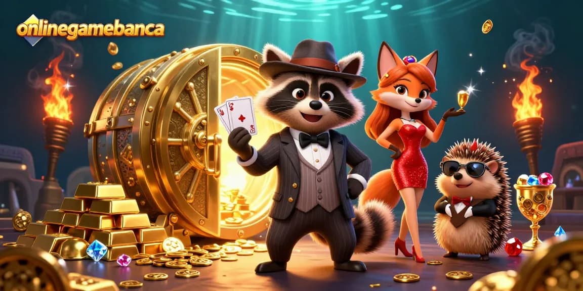 Engage with onlinegamebanca's vibrant casino scene featuring a raccoon, fox, and hedgehog amidst treasures.