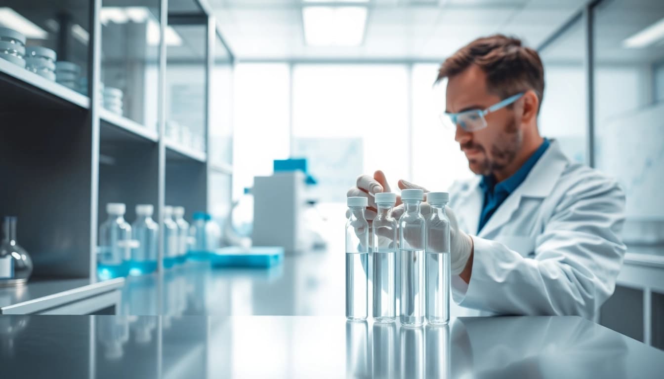 Analyze amc essentials in a vibrant laboratory focused on research peptides.