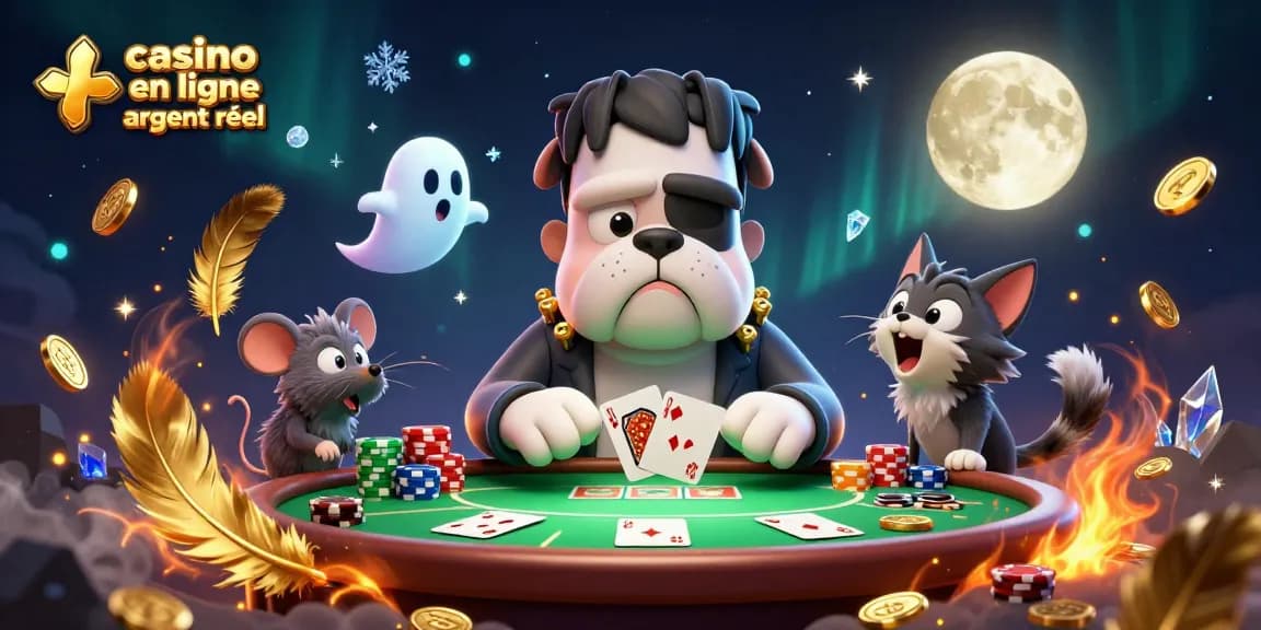 Jouer au casino en ligne argent réel avec une illustration de bulldog et un chat loup lors d'une partie de poker