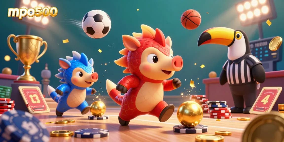 MPO500 showcases dynamic play with pangolins bowling through poker chips in a vibrant scene full of sports action.