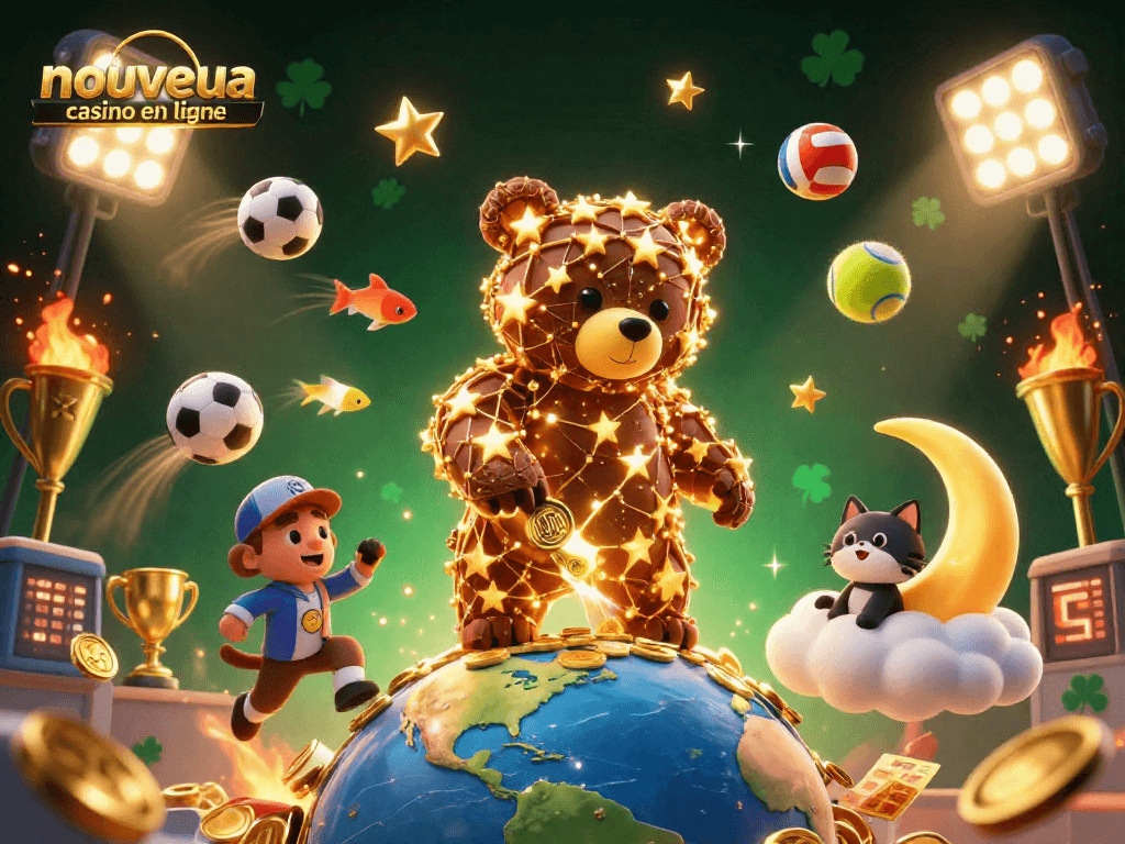 Découvrez le nouveau casino en ligne avec une illustration dynamique d'un ours constellation et des éléments de casino.
