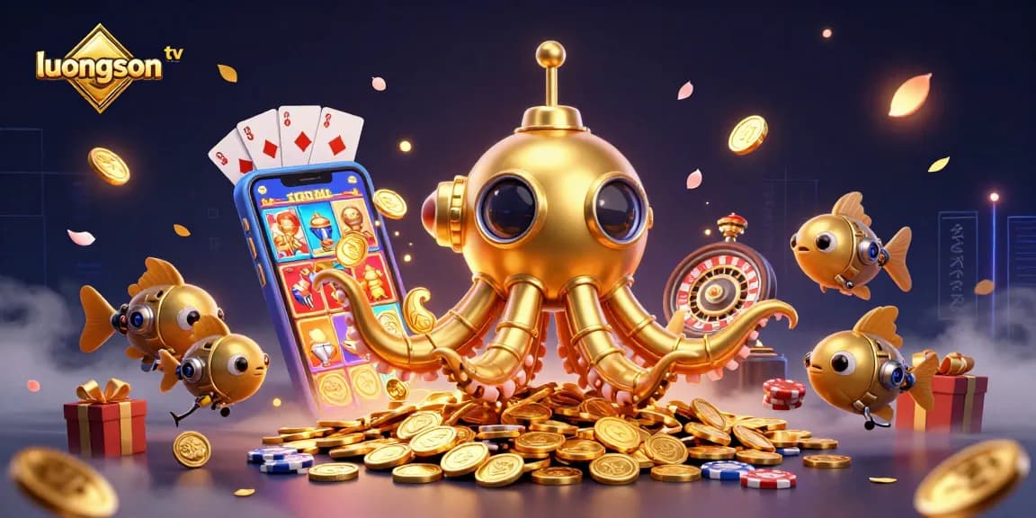 Experience the thrills of gambling with luongson tv in this vibrant 3D illustration filled with golden coins and gaming action.