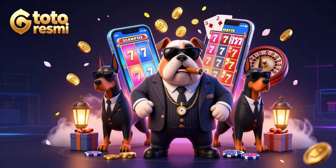 Gambaran toto resmi dengan karakter mafia bulldog dan Doberman di dalam suasana kasino yang penuh energi dan warna.