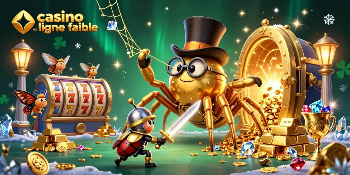Illustration dynamique représentant une tarentule en or et un chevalier scarabée, symbole d'un casino en ligne fiable.