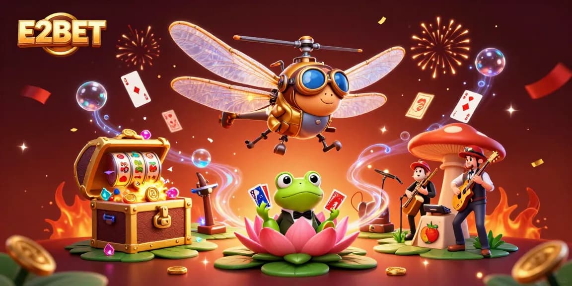 E2BET invites players to spin for win with a vibrant casino scene, featuring a dragonfly pilot and frog dealer.
