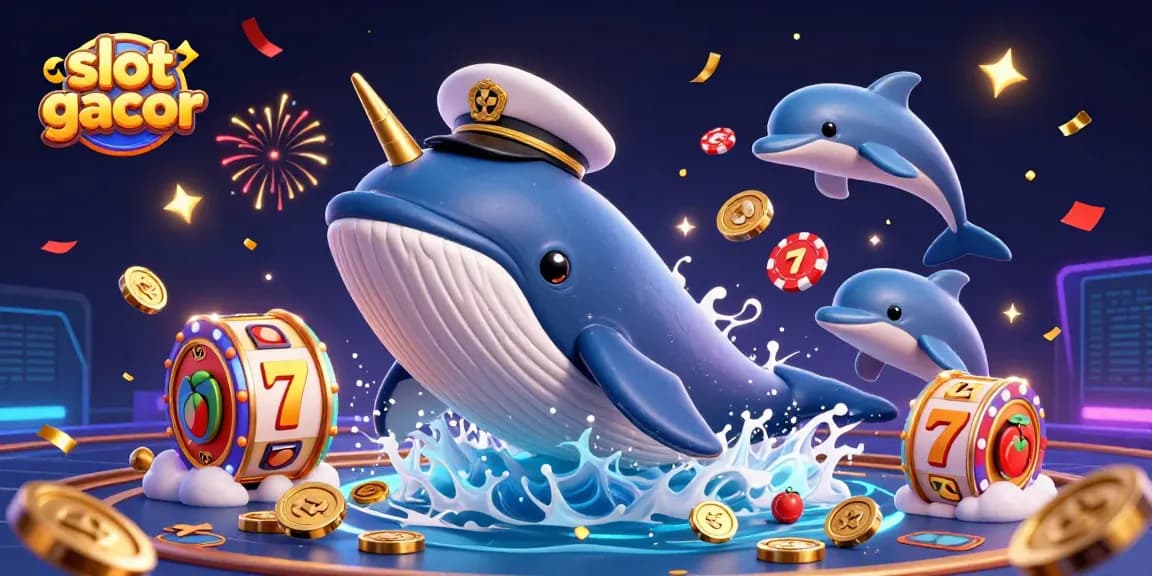 Experience slot gacor excitement as a gigantic whale breaching through coins, surrounded by casino elements.