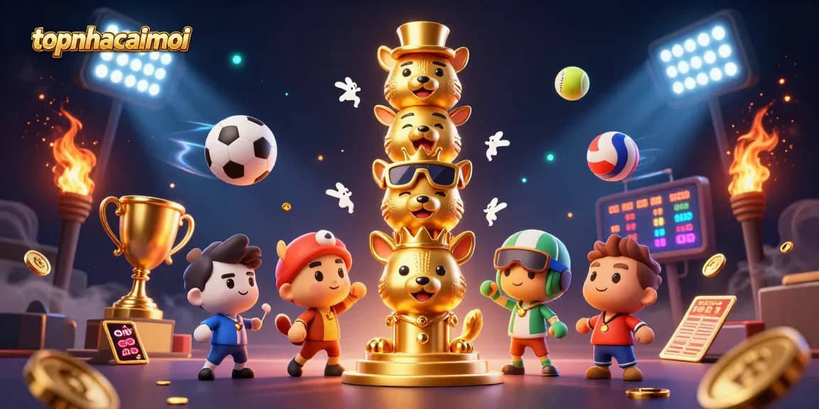 Experience thrilling bets with topnhacaimoi's dynamic casino scene featuring a totem pole and sports elements.