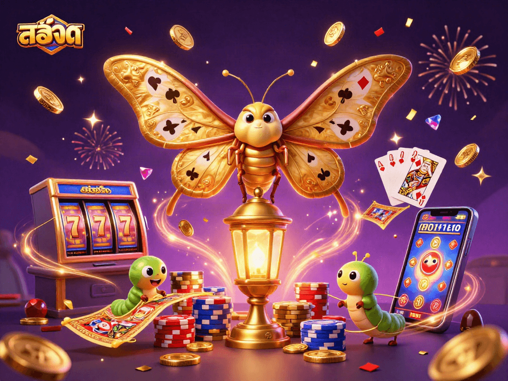 Spin the lucky สล็อต reels with vibrant casino scenes featuring a moth and golden elements.