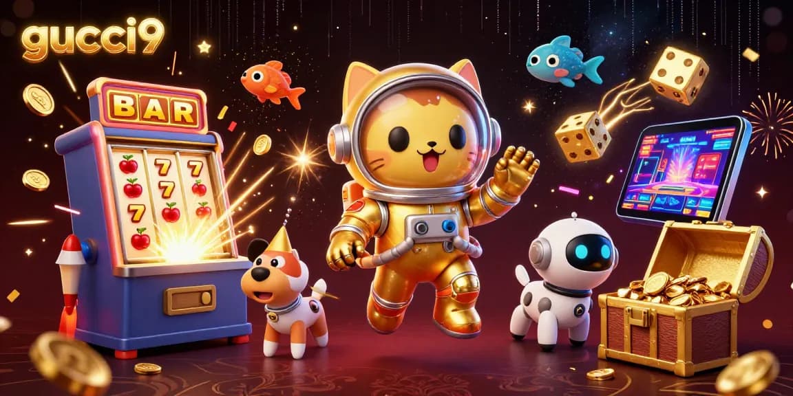 Experience the excitement of gucci9 with an energetic casino scene featuring lively characters and slot machines.