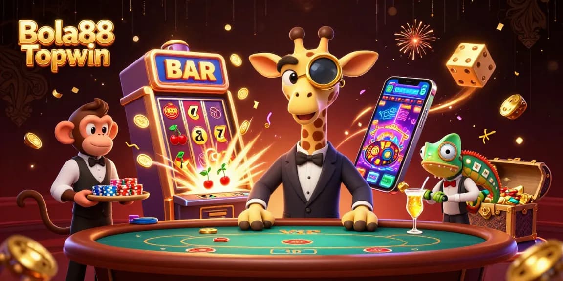 Bola88 Topwin illustrates a lively casino scene with a high-roller giraffe, monkey valet, and chameleon bartender amidst slot machine excitement.