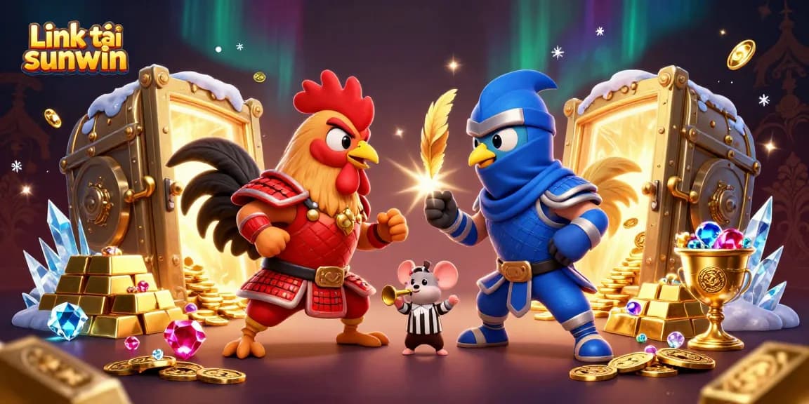 Engage in spectacular gameplay with Link tải sunwin, featuring epic rooster standoffs in a shining treasure scene.