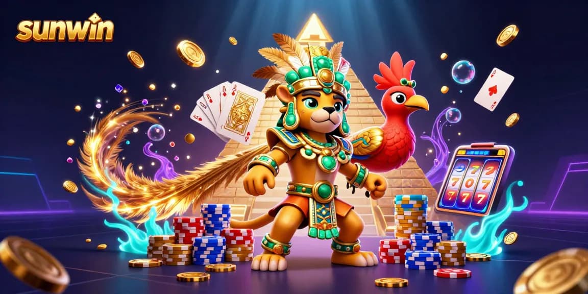 Experience the excitement at sunwin with vibrant casino elements, including golden coins and playful cards.