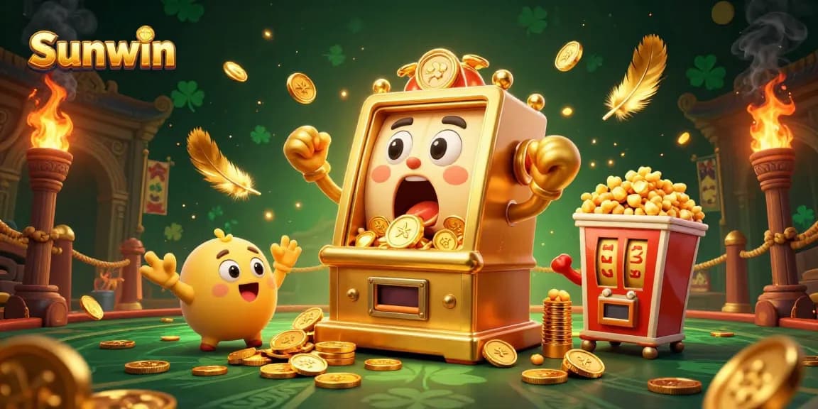 Sunwin slot machine hits jackpot while coins pour out, creating a vibrant casino scene
