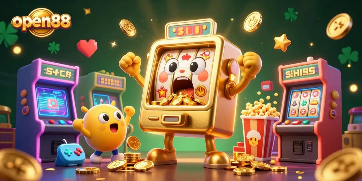 Experience open88 excitement with a golden slot machine hitting a jackpot amidst vibrant arcade elements.