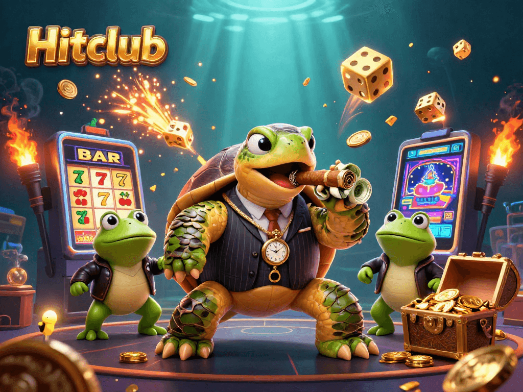 Hitclub is bringing excitement with a massive winning slot machine display and vibrant casino characters.