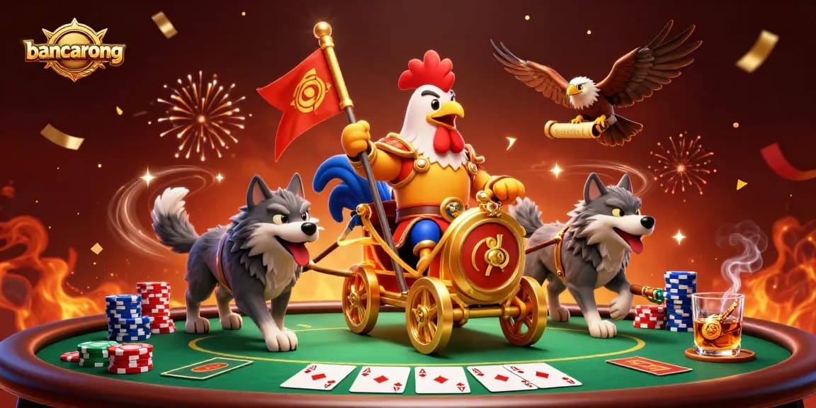 Engage with bancarong in an intense poker showdown, featuring a rooster warlord and vibrant casino elements.