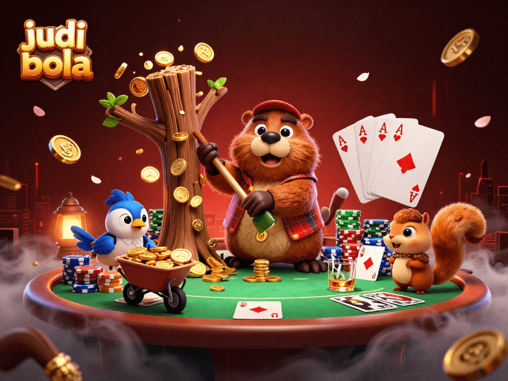 Engaging scene depicting judi bola betting excitement with a beaver, bird, and squirrel in a vibrant casino.