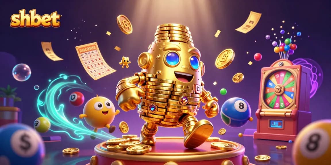 Shbet showcases an engaging lottery scene with a vibrant golem and colorful balls, promoting interactive gambling.