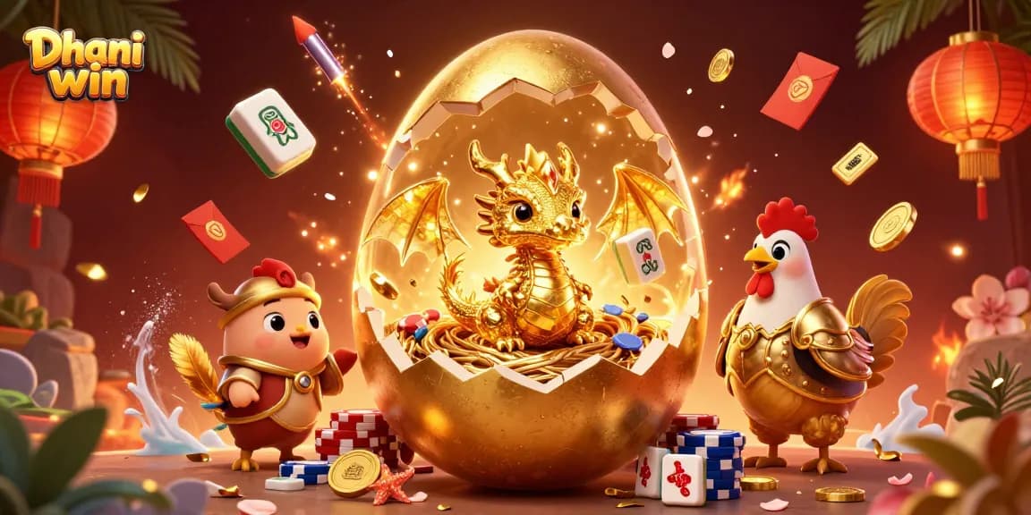 Dhani win features a golden dragon and poker chips surrounded by festive gambling elements.