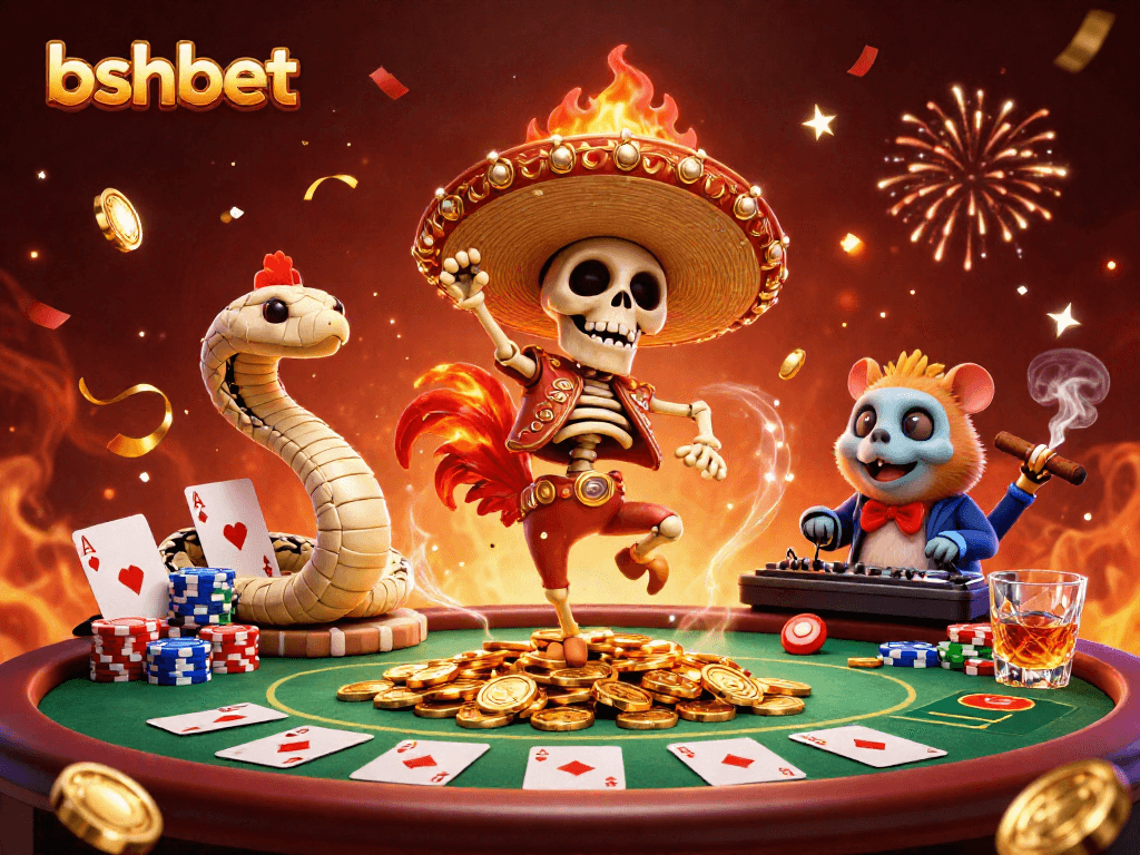 bshbet celebrates with a lively 3D cartoon scene featuring a mariachi rooster, mummy snake, and DJ hamster.