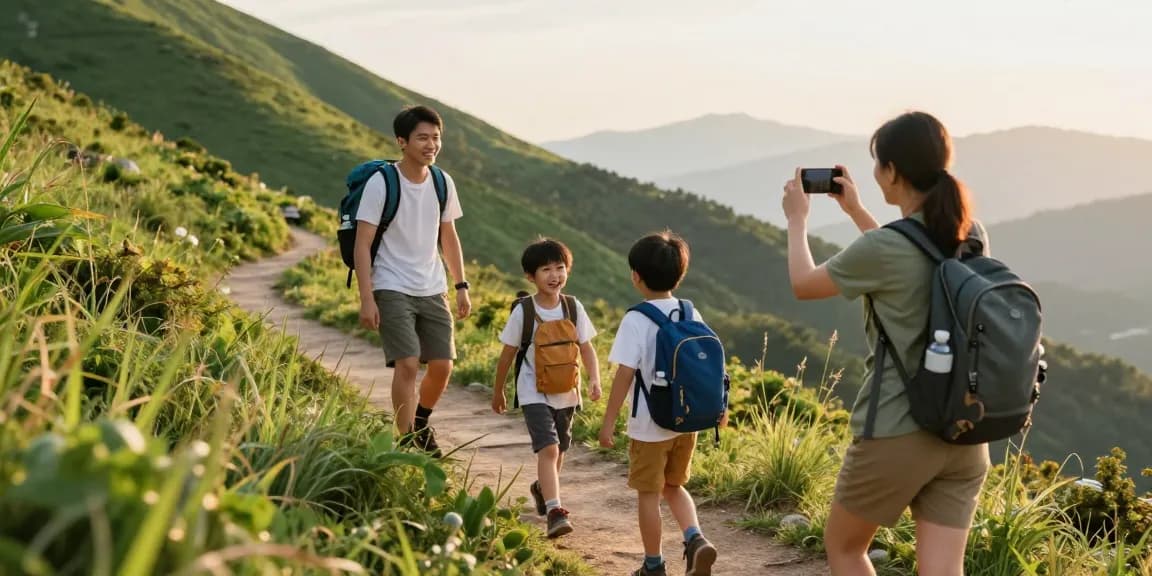 Family enjoying a mountain hike at sunset, showcasing mantra88 login and adventure spirit.