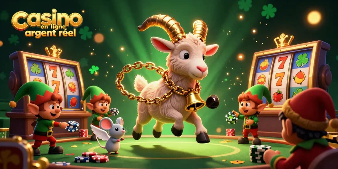 Illustration de casino en ligne argent réel avec un Krampus, une souris ange et des elfes gremlins volants.