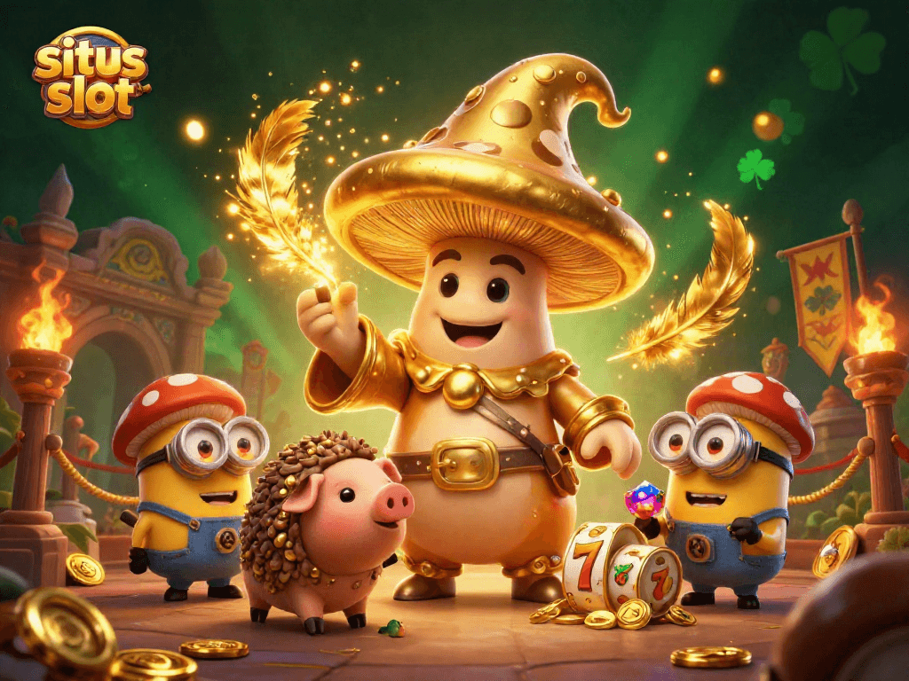 Engage in situs slot adventures with a magical wizard, treasure, and vibrant casino elements.