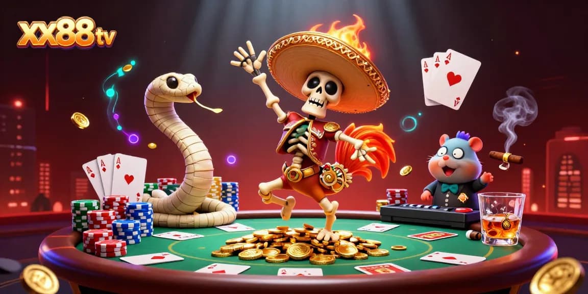 Experience exciting gameplay with xx88 tv as a vibrant skeleton mariachi rooster celebrates on golden coins.