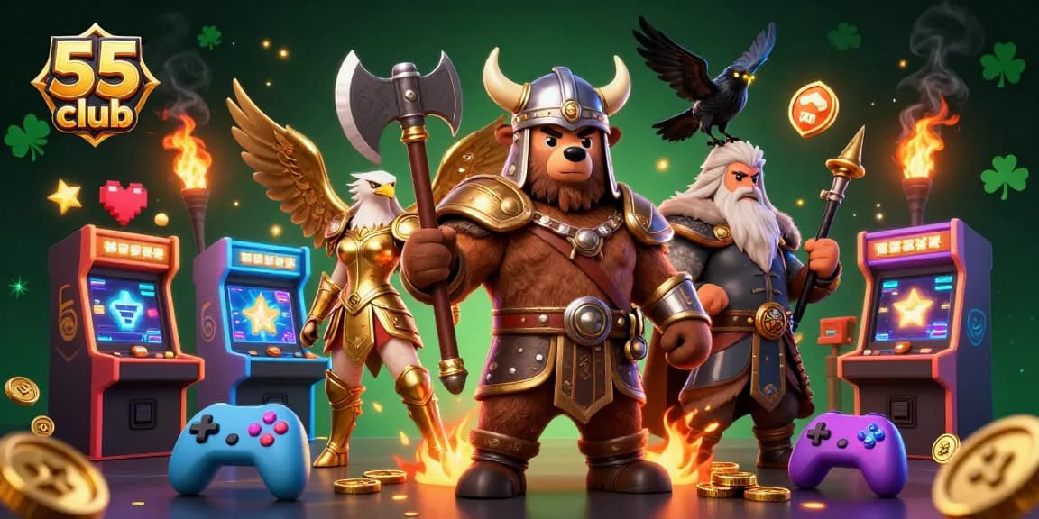 Viking berserker and Valkyrie eagle representing fun at the 55 club casino with dynamic gaming elements.