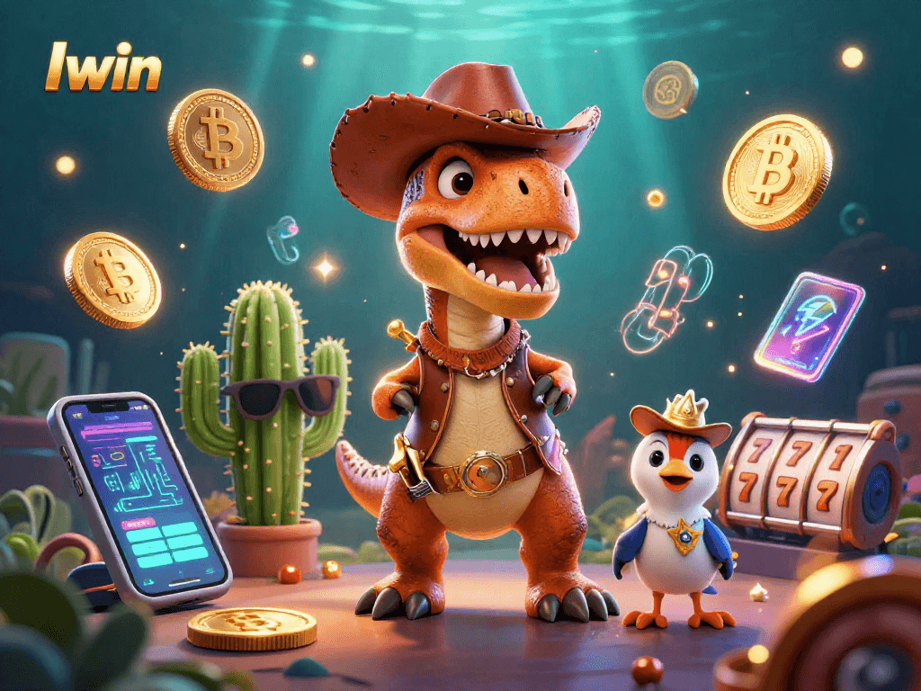 Iwin takes center stage in a vibrant 3D casino scene filled with crypto coins and slot elements.
