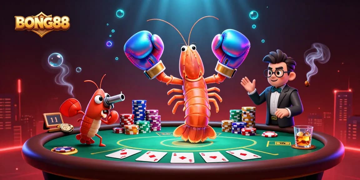 BONG88 showcases a vibrant poker scene with animated shrimp champions amidst towering poker chips and cards.