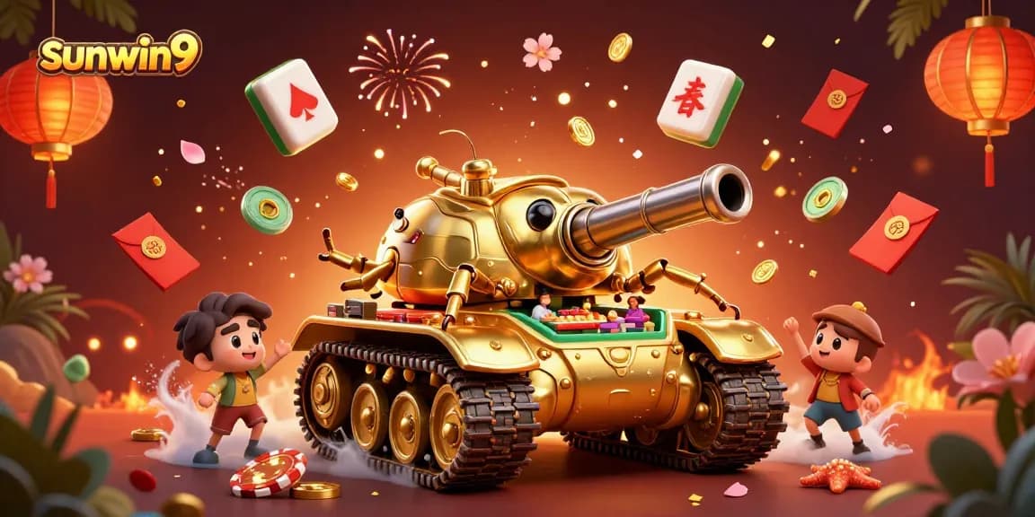 Experience the vibrant action of sunwin9 with a dynamic casino-themed 3D illustration featuring a golden beetle tank.