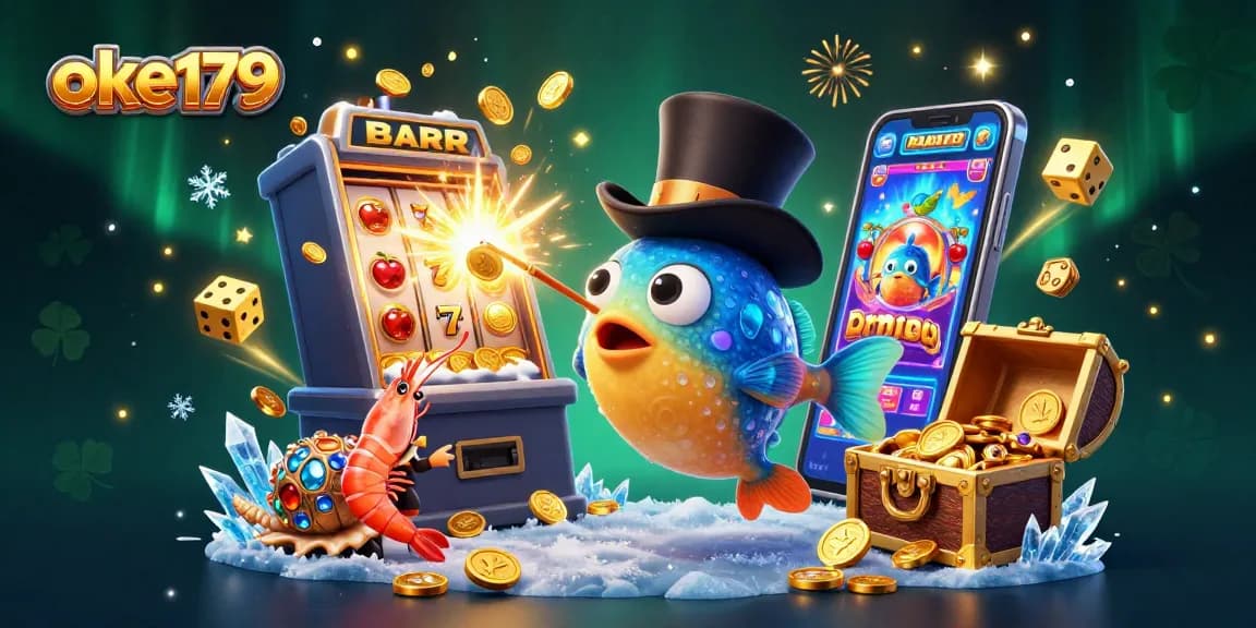 Engage with oke179's vibrant casino scene featuring an anglerfish, pirate shrimp, and a treasure snail.