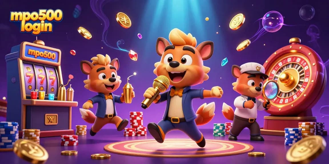 Experience the excitement at mpo500 login with vibrant casino characters amidst flying coins and slot machines.