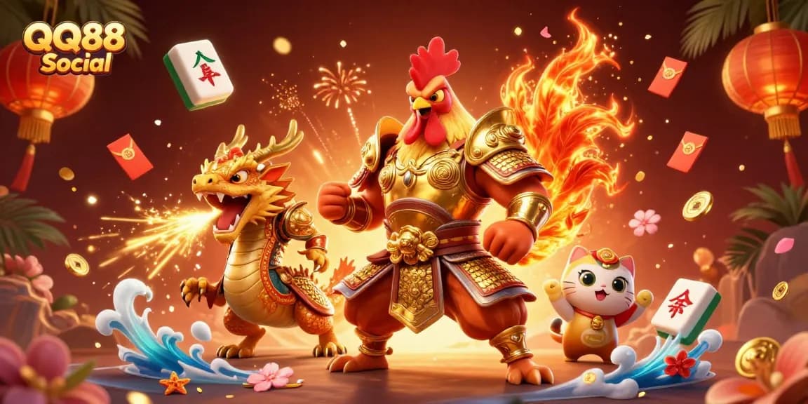 Engage with thrilling games at QQ88 Social, featuring dynamic characters in an exuberant casino scene.