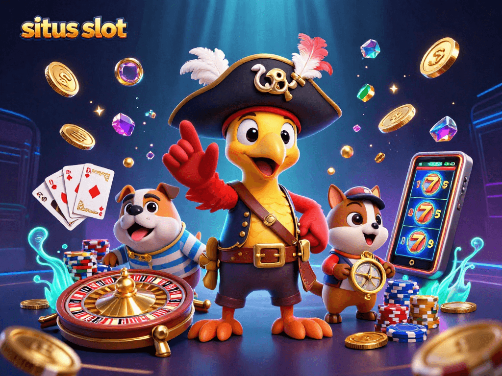 Join the excitement in this situs slot scene with a pirate captain parrot, a bulldog, and a cat, surrounded by casino elements.
