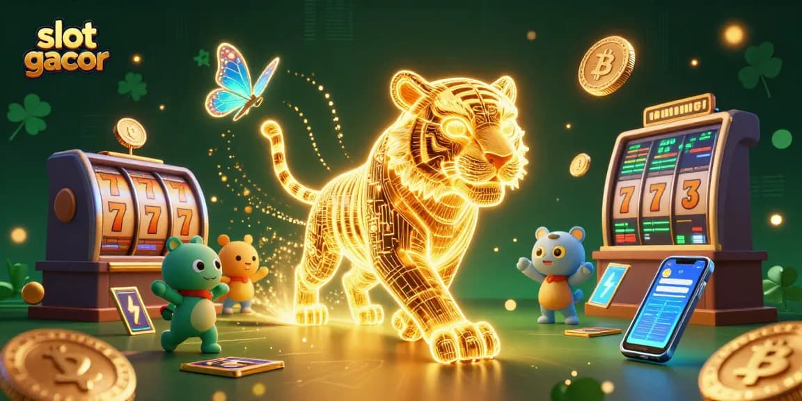 Experience the thrill of slot gacor with an energetic golden tiger and vibrant casino elements.