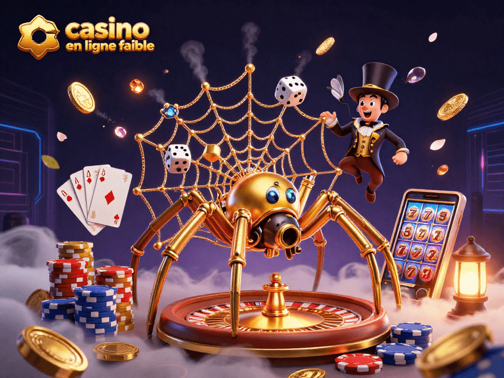 Découvrez un casino en ligne fiable illustré par une araignée steampunk capturant des dés et entourée de jeux d'argent.