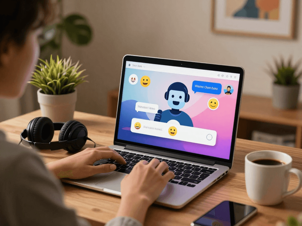 Hentai chat interaction on a laptop screen with vibrant emojis and cozy workspace.