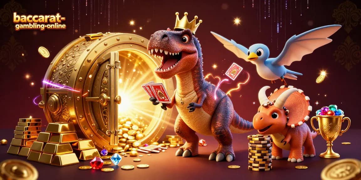 Experience baccarat-gambling-online with characters shuffling cards and stacking chips in a vibrant casino-themed scene.