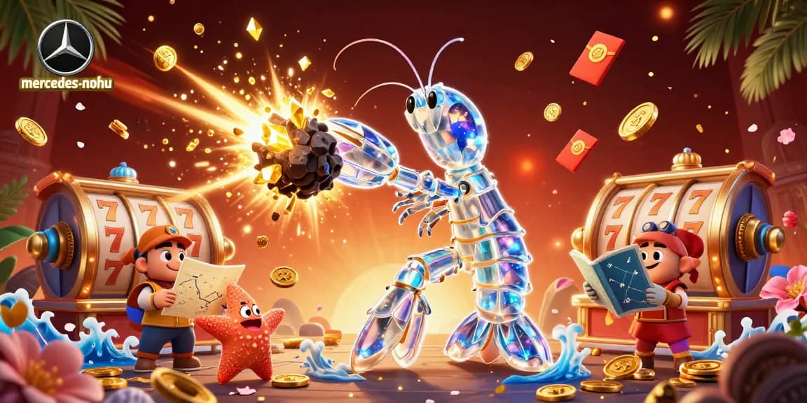 Engage with mercedes-nohu as the shrimp samurai combats asteroids in a vibrant casino scene.