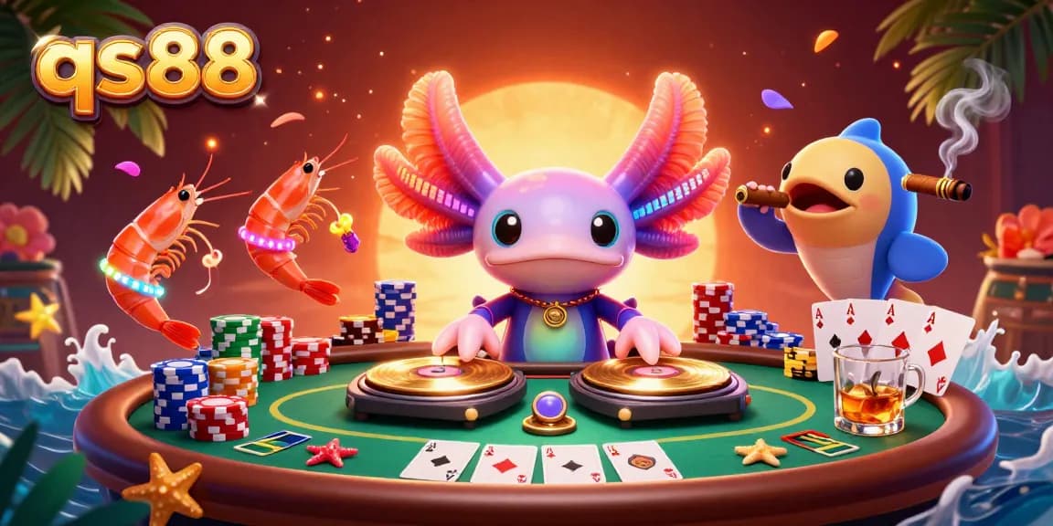 Experience the vibrant atmosphere of qs88 with neon axolotl DJ spinning at an underwater casino party.