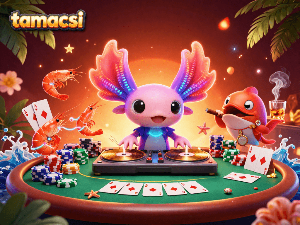Engage with tamacsi's vibrant gaming scene featuring a neon axolotl DJ spinning records among lively marine characters.