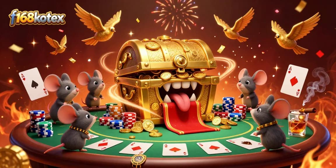 f168kotex brings excitement with treasure chest mice and poker elements in a vibrant casino scene.