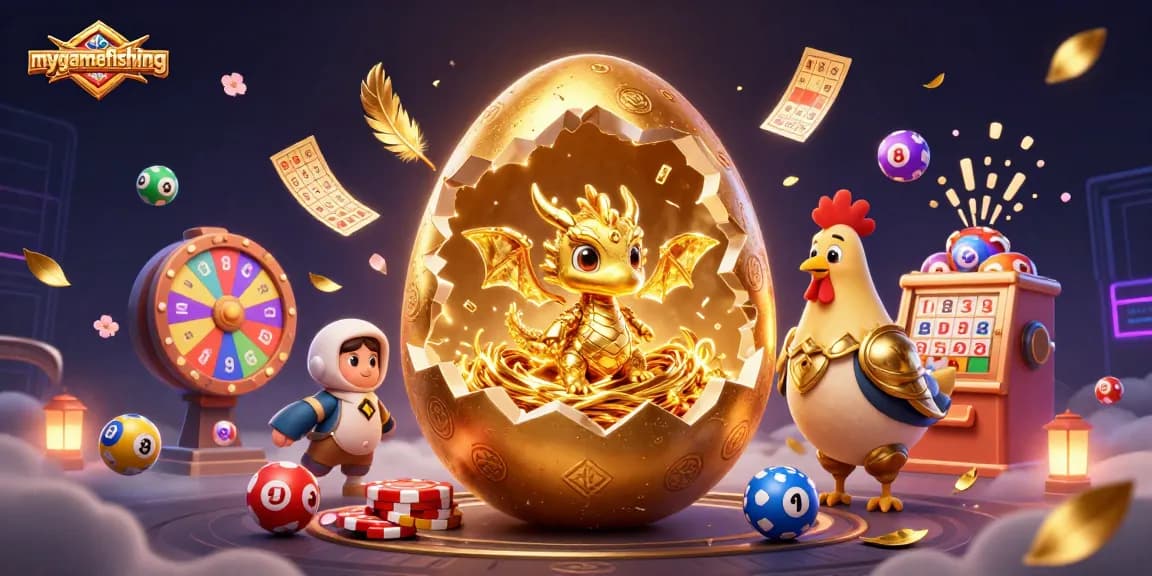 Engage with mygamefishing's vibrant gaming scene featuring a golden egg, dragon, and lottery elements.