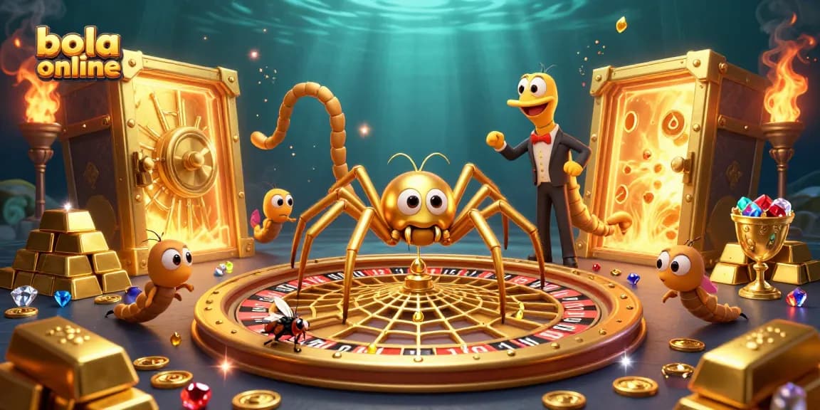 Bola online betting scene with a cartoon spider and centipede croupier amidst gold, gems, and dynamic casino elements.
