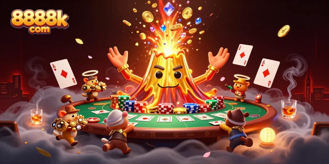 Experience thrilling wins with 8888k com, featuring an erupting volcano with treasures and poker elements.