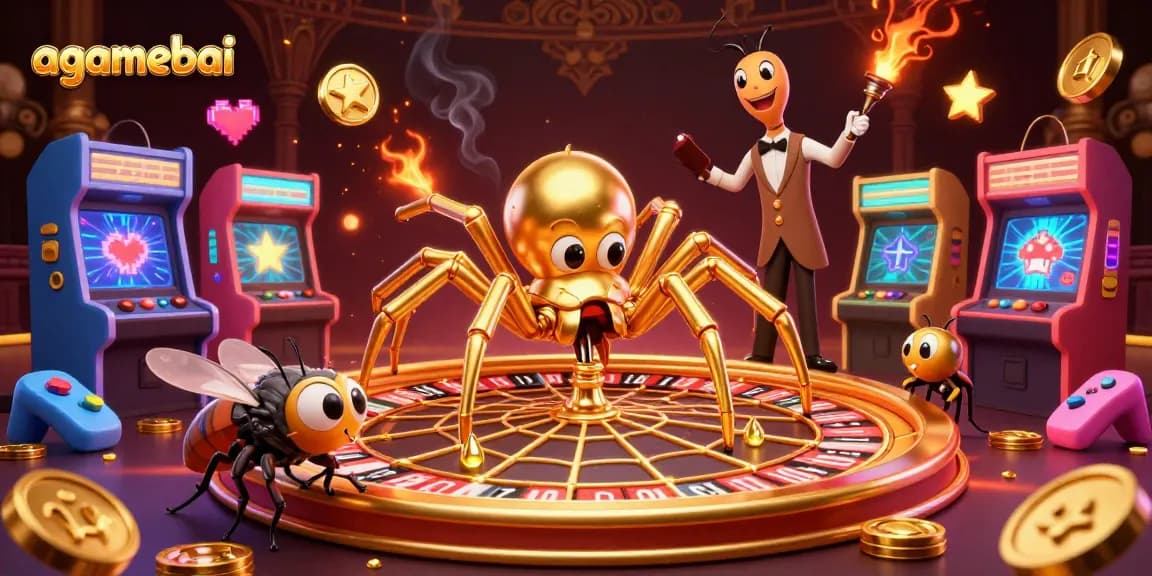 Experience the thrill with agamebai as the golden spider spins a roulette wheel depicting casino excitement.