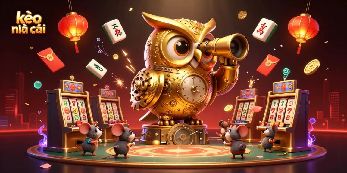 Engage with kèo nhà cái through a vibrant casino scene featuring a golden owl and playful mice.